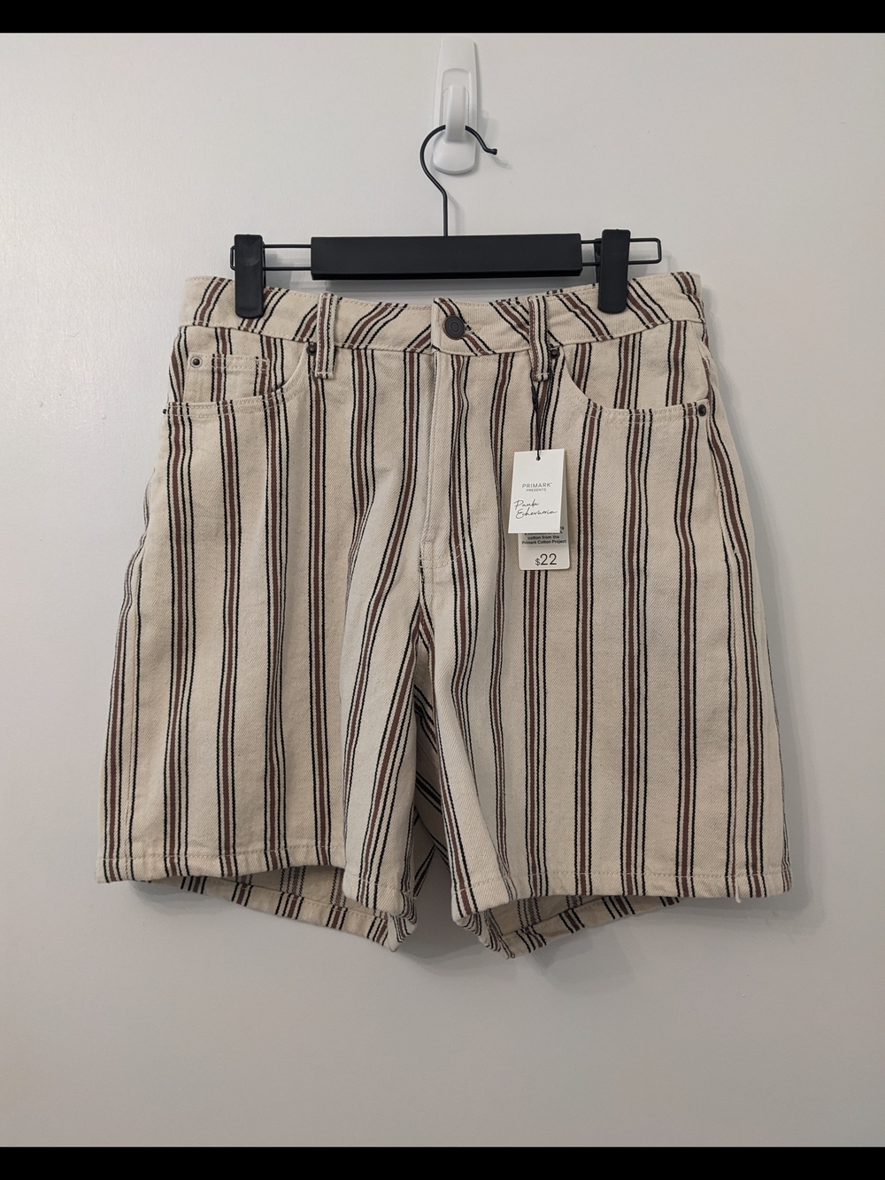 Relaxed Striped Cream and Brown High-Rise 100% Cotton Shorts | Size 4